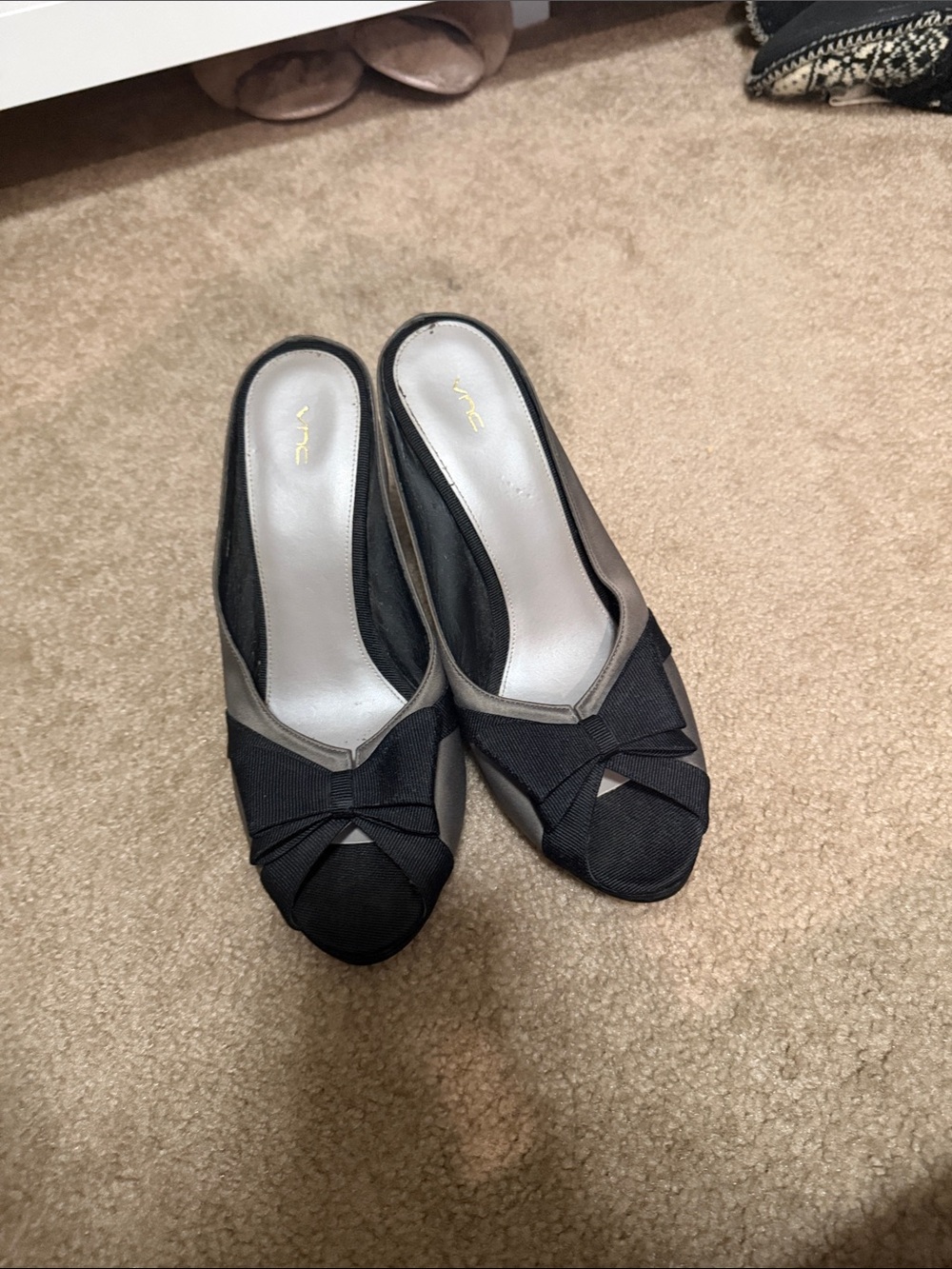 Women’s Black Slip-On Peep Toe Mules with Bow Accent
